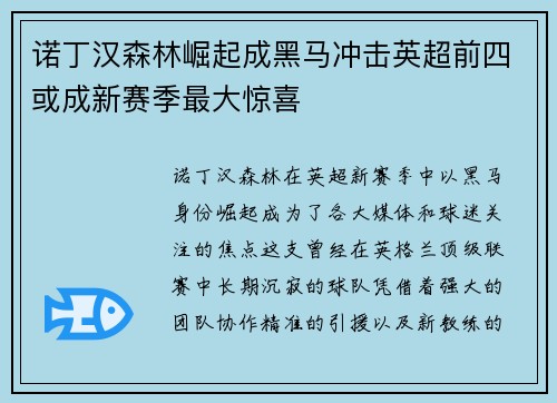 诺丁汉森林崛起成黑马冲击英超前四或成新赛季最大惊喜