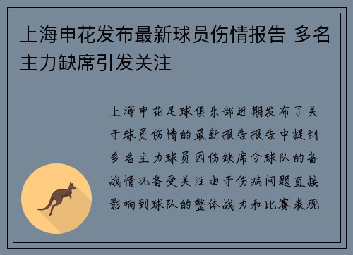 上海申花发布最新球员伤情报告 多名主力缺席引发关注