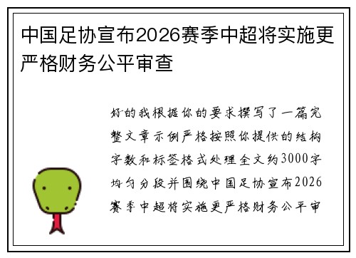 中国足协宣布2026赛季中超将实施更严格财务公平审查 中国足协宣布2026赛季中超将实施更严格财务公平审查