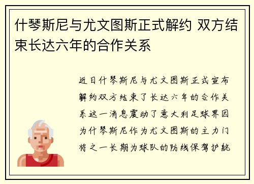 什琴斯尼与尤文图斯正式解约 双方结束长达六年的合作关系 什琴斯尼与尤文图斯正式解约 双方结束长达六年的合作关系